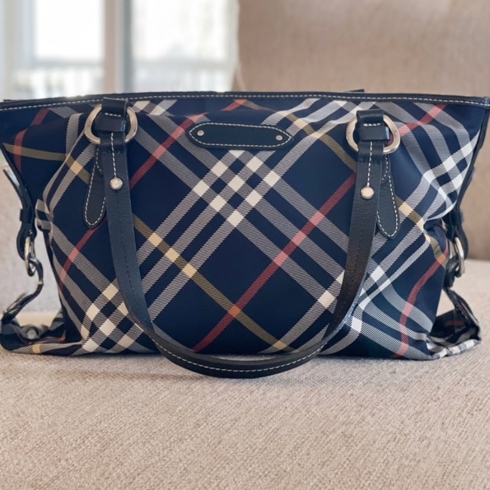 Blue Plaid Tote Bag with Leather Trim